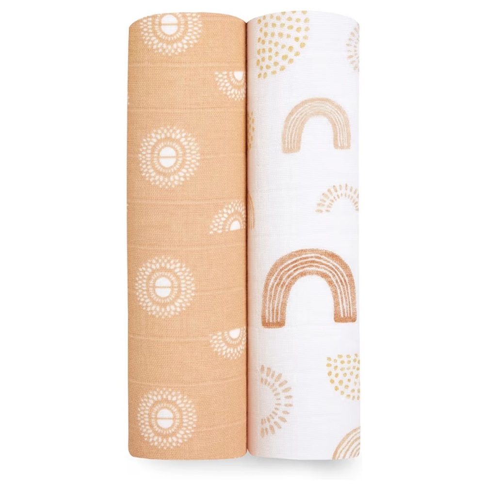aden + anais Muslin Swaddle Set in Cream & Tan Rainbow/Dot Prints